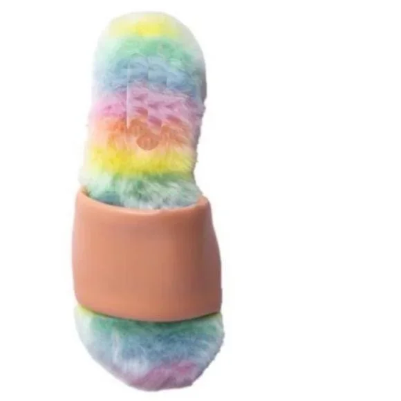 !! NEW !! Faux Fur & Vegan Leather Slides in Rainbow - Picture 4 of 4